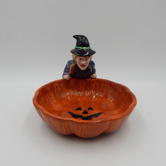 Debbie Mumm Halloween Witch Pumpkin Earthenware Candy Dish Sakura 1998 - Picture 2 of 11